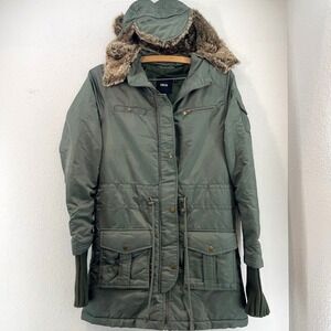 ASOS Olive Green Parka Puffer Jacket Sz 2 Faux Fur Hood Ribbed Cuffs Utility